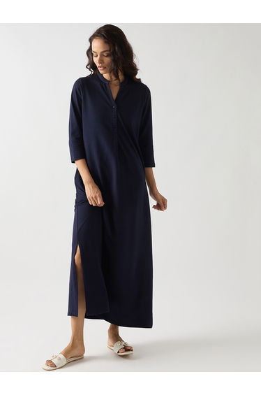 Navy Blue Cotton Knit Maxi Dress with 3/4 Sleeves