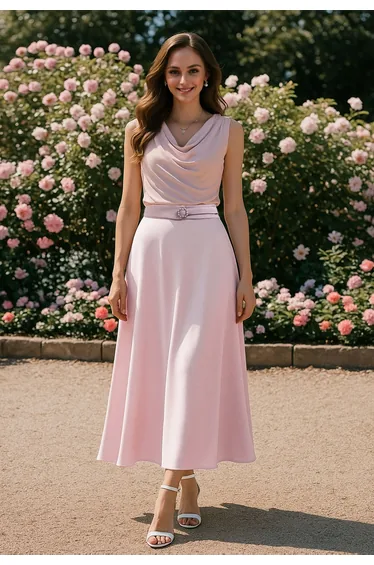 Subtle Pearl Square Buckle A-Line Skirt in Pink