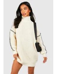 Petite Contrast Stitch Jumper Dress - cream