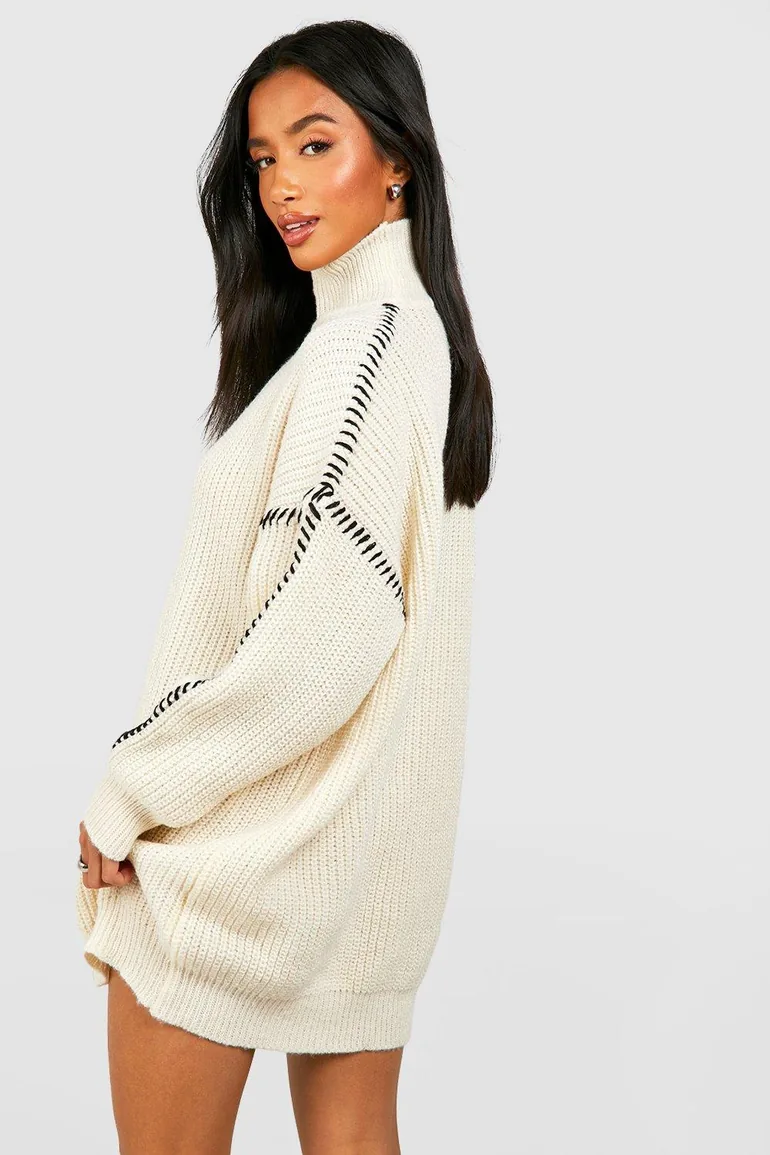 Petite Contrast Stitch Jumper Dress - cream - 1