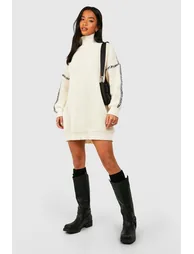 Petite Contrast Stitch Jumper Dress - cream - 2