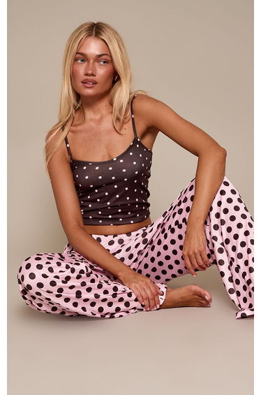 Baby Pink Polka Dot Cami and Wide Leg Trouser PJ Set