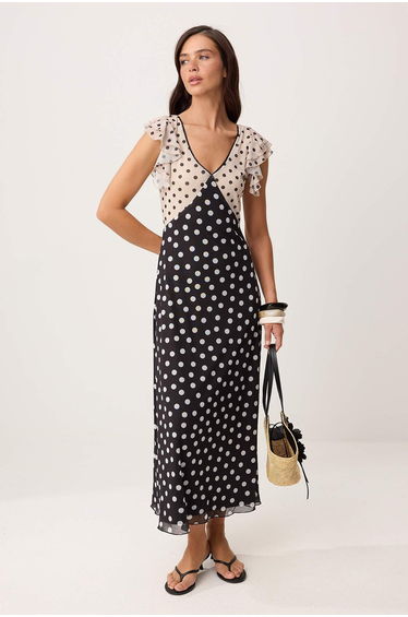 Multi-Colored Polka Dot A-Line/A Bell Form V-Neck Sleeveless Tulle Knitted Dress