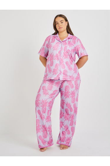Plus Size All-Over Pineapple Print Pompom Pocket Shirt and Pyjama Set