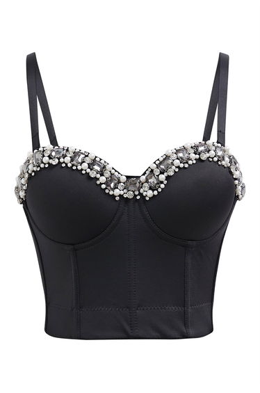 Mystic Sheen Rhinestone Pearl Bustier Bra Top in Black