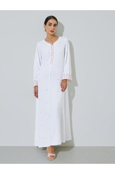White Embroidered V Neck Jalabiya
