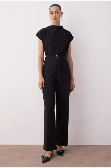 Black Belted Wide Leg Cowl Neck Jumpsuit