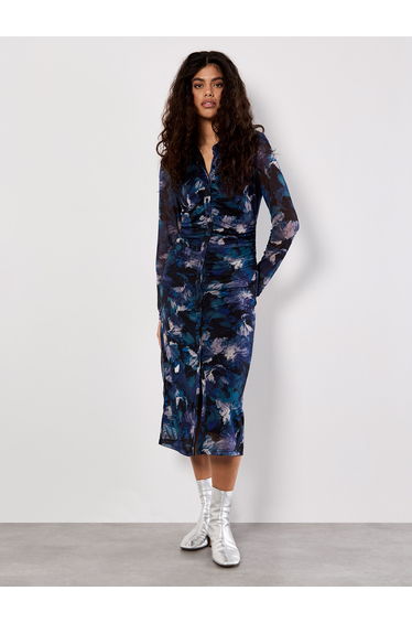 Floral Mesh Ruched Midi Dress