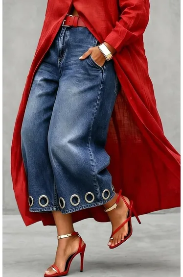 Loose Wide Leg Hollow Pockets Jean Pants Bottoms