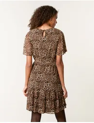 Leopard Print Mesh Crew Neck Mini Dress - 4
