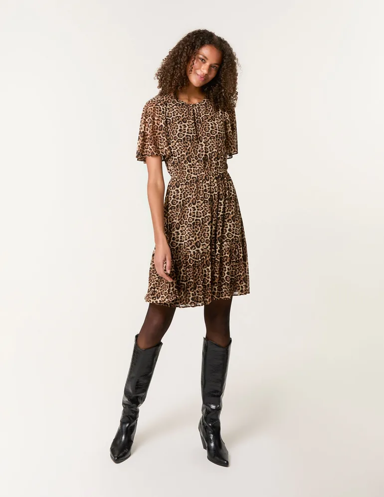 Leopard Print Mesh Crew Neck Mini Dress - 2