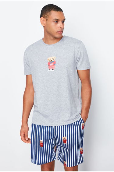 Gray Regular Fit Printed Knitted Pajamas Set