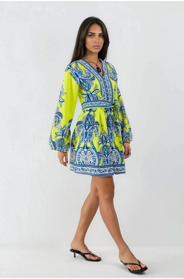 MSN V-Neck Paisley A-Line Mini Dress with Buttons