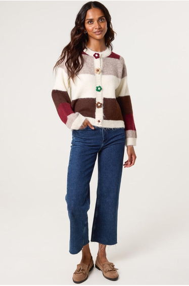 Multi Coloured Striped Cardigan With Flower Buttons