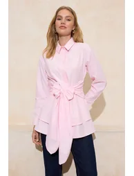 Light Pink Fitted Belt Detailed Double Skirt Woven Shirt