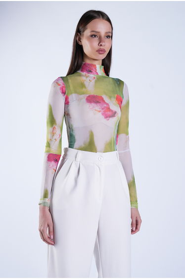 Women's Green Stand Collar Digital Printed Transparent Blouse