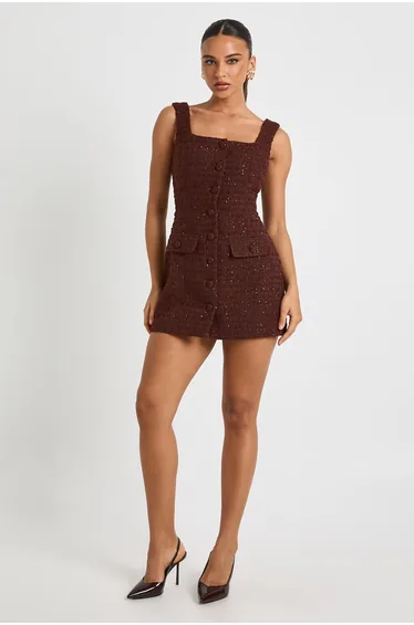 Sequin Boucle Square Neck Tailored Mini Dress - chocolate