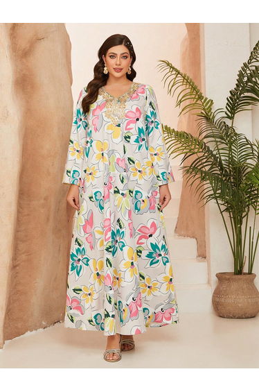 Leely Plus Middle East Arabic Muslim Abaya Women's Loose Long Sleeve V-Neck Floral Print