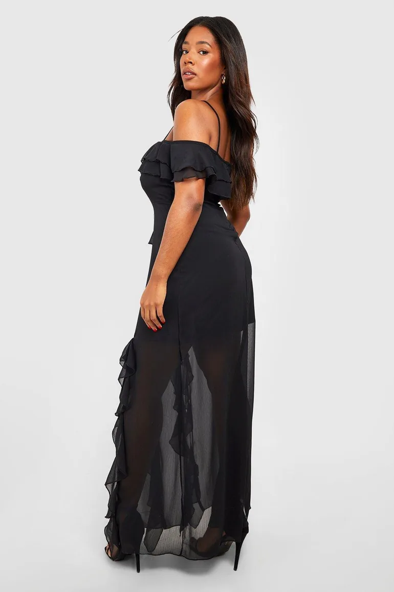 Plus Ruffle Cold Shoulder Maxi Dress - black - 1