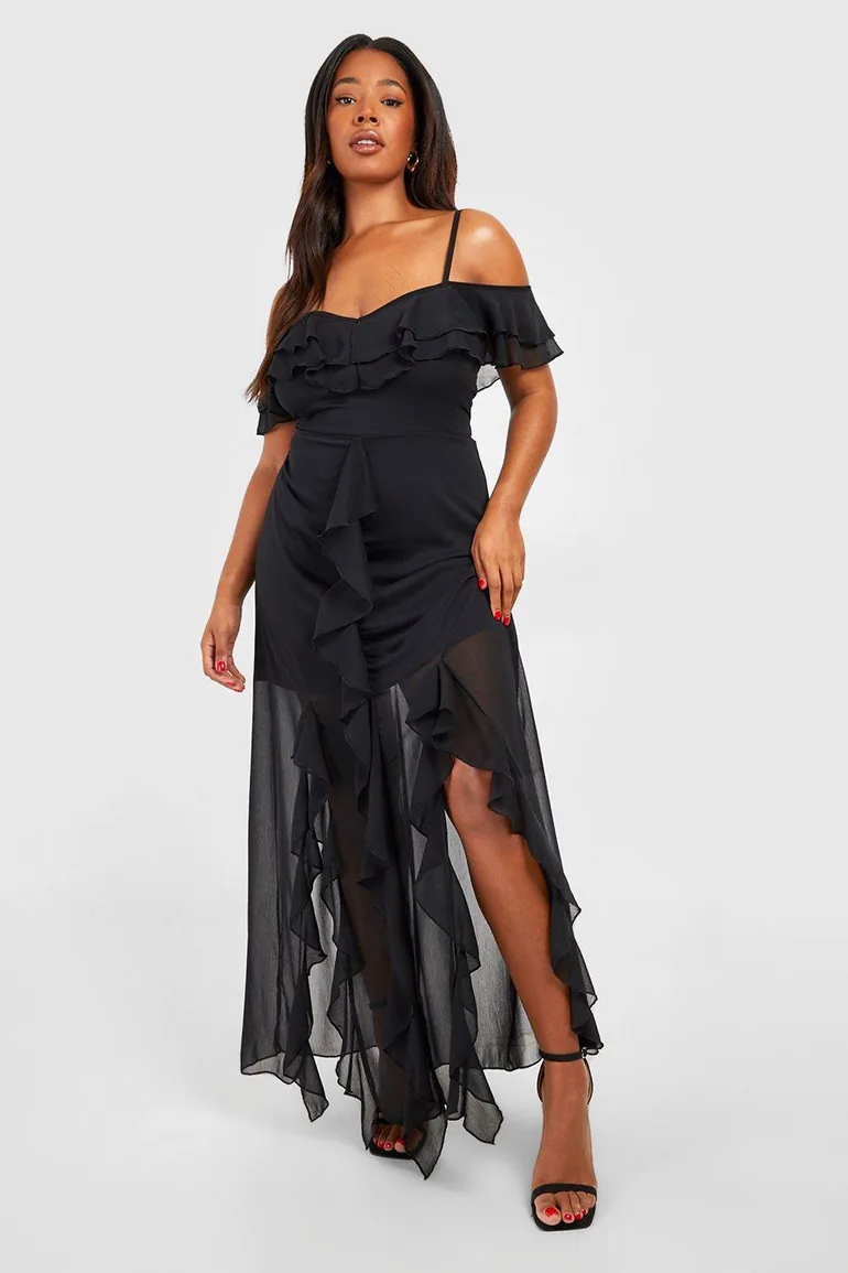Plus Ruffle Cold Shoulder Maxi Dress - black - 2