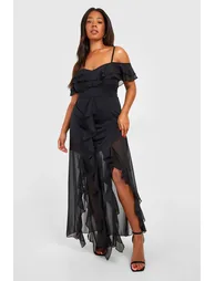 Plus Ruffle Cold Shoulder Maxi Dress - black - 2