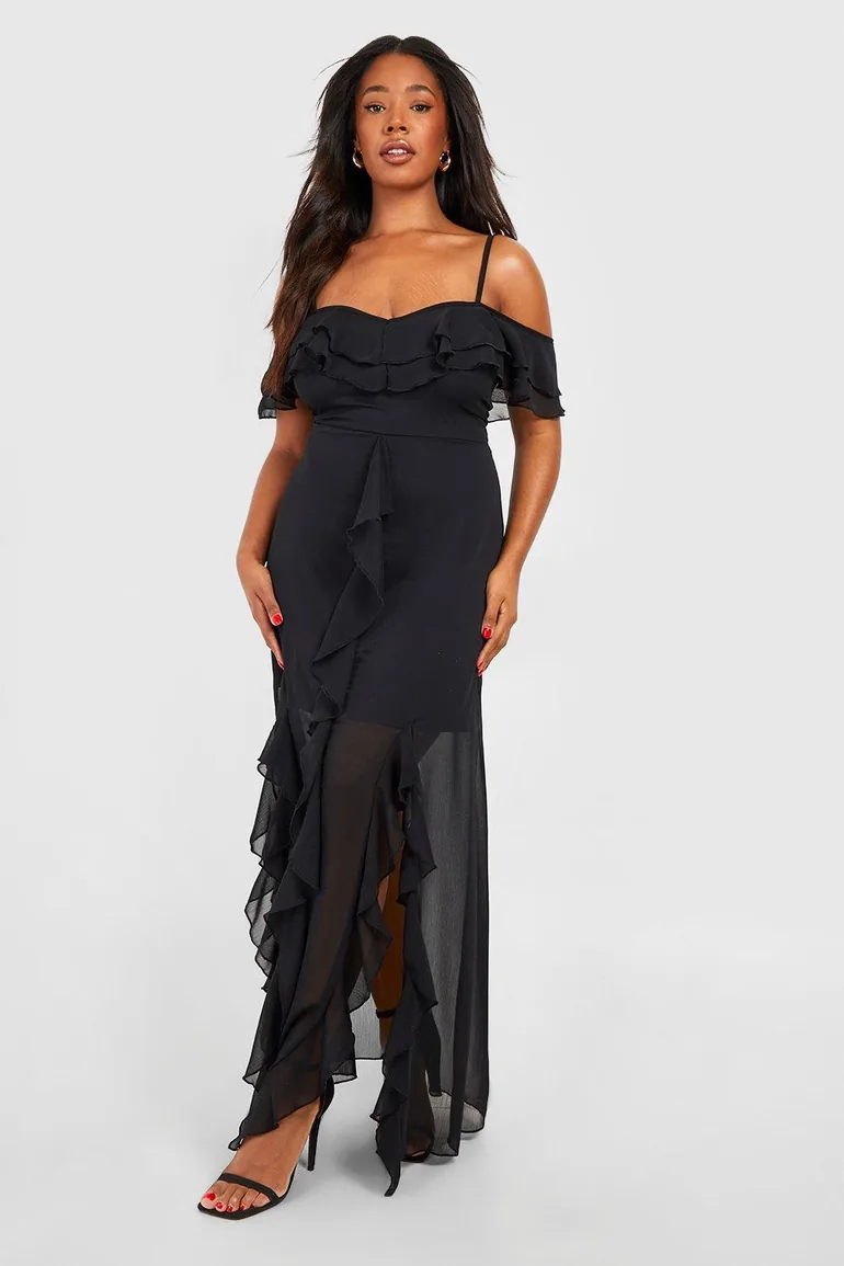 Plus Ruffle Cold Shoulder Maxi Dress - black