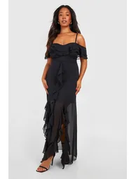 Plus Ruffle Cold Shoulder Maxi Dress - black