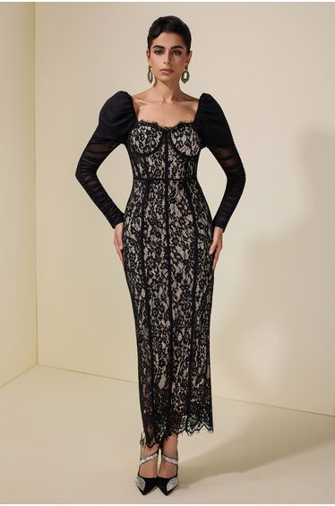 Lace Splicing Mesh Puff Sleeve Midi Dress
