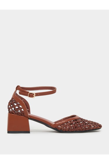 Brown Woven Ankle Strap Block Heel Shoes