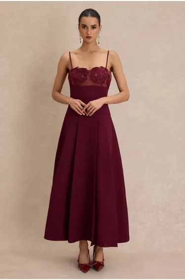 Appliquéd See-Through Slip Midi Dress