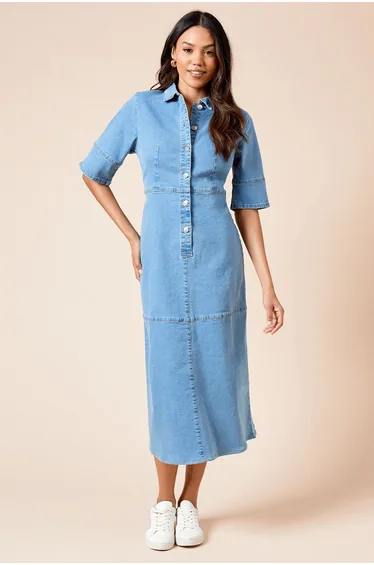 Half Placket Denim Shirt Dress
