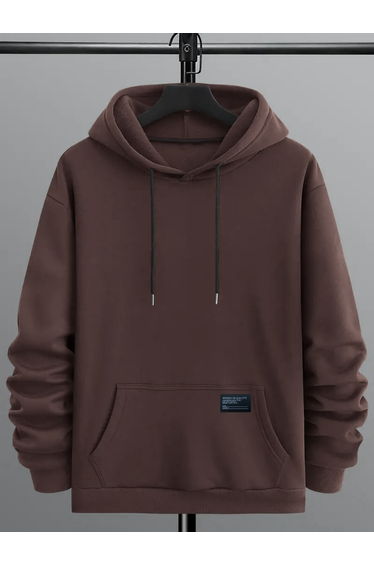 Men Brown Solid Hoodie with Kangaroo Pocket