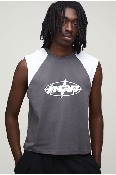 Regular Shrunken Raglan Man Print Tank - charcoal