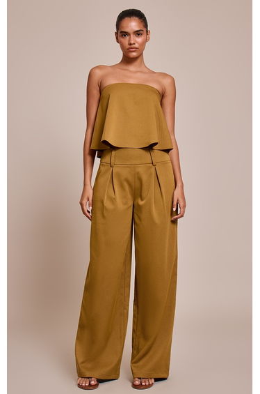 Dark Brown Tailored Woven Pleated Wide Leg Trouser