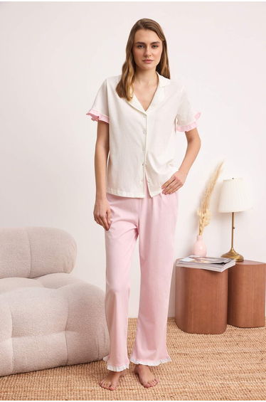 Ecru-Pink %100 Cotton Plain 30/1 Openend Knitted Pajamas Set