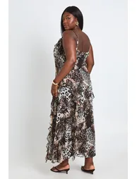 Plus Leopard Chiffon Ruffle Maxi Dress - brown - 1