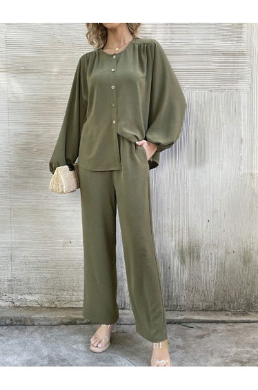Solid Button Front Long Sleeve Shirt and Pants Co-Ords
