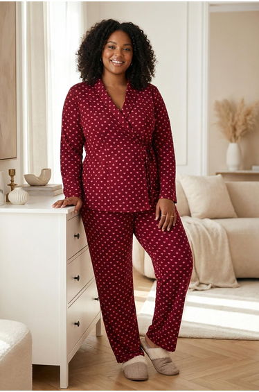 More Sustainable Burgundy Polka Dot Patterned Double-Breasted Collar Woven Pajama Set