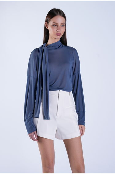 Women's Indigo Stand Collar Transparent Blouse with Fixed Scarf Detail