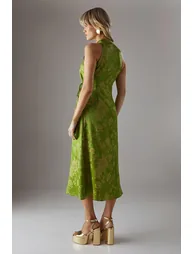 Satin Jacquard Tie Racer Wrap Midi Dress - 2