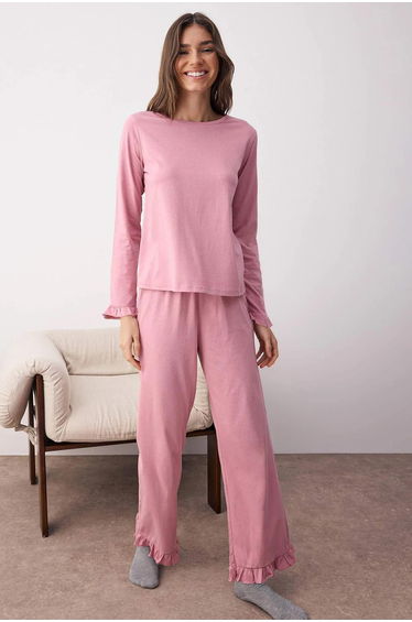 Dusty Rose 100% Cotton Ruffle Knitted Pajama Set
