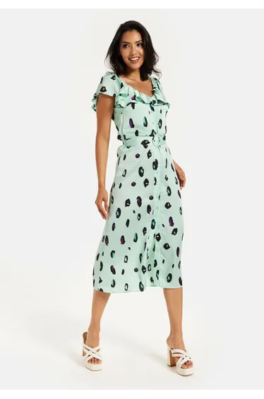 Women's Midi Dress with Off Shoulder Sleeves in Mint Animal Print .