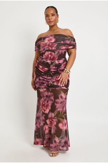 Plus Bardot Ruched Body Midaxi Dress - multi