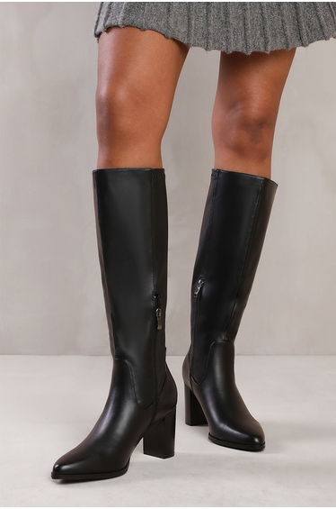 HAWTHORN BLOCK HEEL KNEE HIGH BOOTS WITH STITCH DETAIL IN BLACK FAUX LEATHER