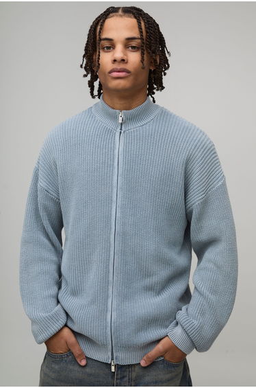 Relaxed Fit Acid Wash Ribbed Funnel Zip Thru Knitted Jumper - grey