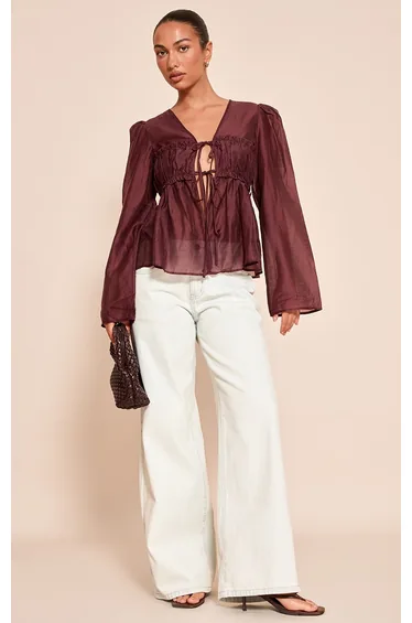 Chocolate Plum Chiffon Tie Front Ruched Blouse