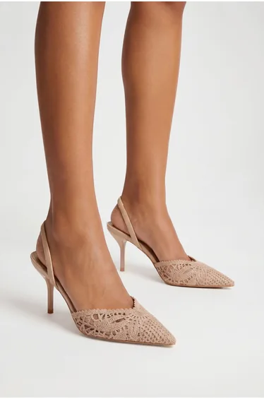 Crochet Detail Slingback Court Shoes - nude