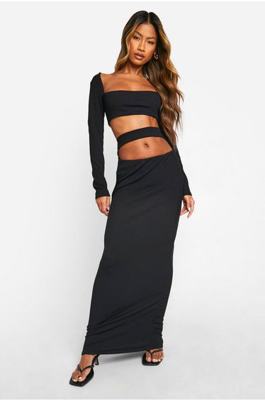 Rib Cut Out Waist Column Maxi Skirt - black