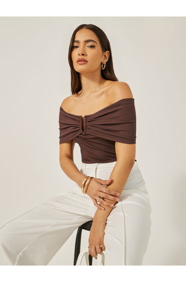 Off Shoulder Rib Knit Fitted Top