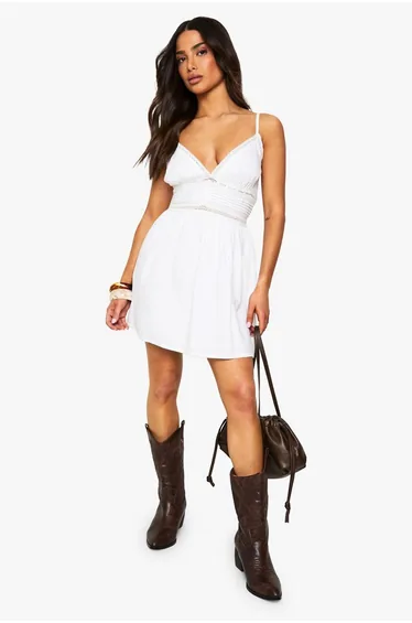 Petite Mini Lace Trim Mini Dress - white